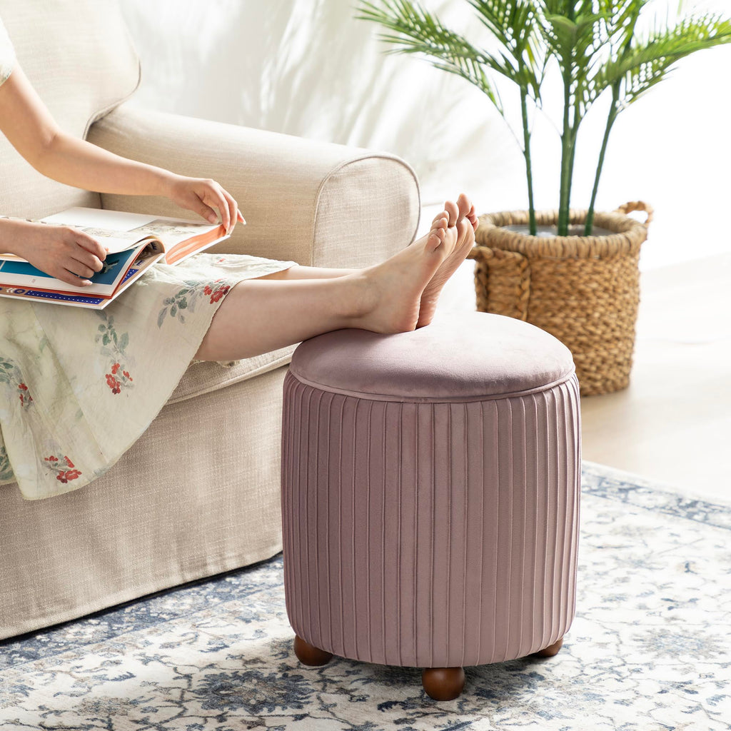 Round Ottoman with Storage Set of 2 Vanity Stool Foot Rest with Removable Lid Modern Upholstered Velvet Storage