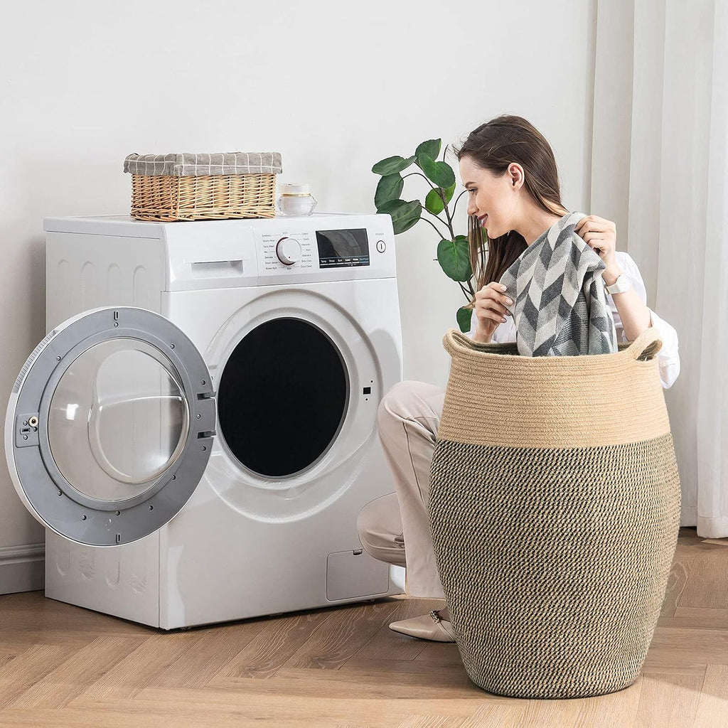 105L Cotton Rope Laundry Hamper, Collapsible Woven Basket | Extra Large Woven Laundry Hamper with Sturdy Handles