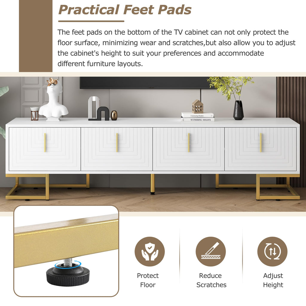 Modern TV Stand with Metal Legs, Gold Handles, Geometric Lines and Adjustable Shelves for TVs Up to 80'', Media