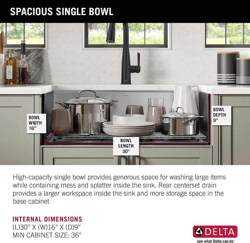 Rivet 32-Inch Workstation Kitchen Sink Undermount 16 Gauge Stainless Steel Single Bowl with WorkFlow Ledge and Chef's
