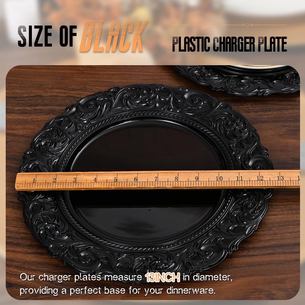 Black Charger Plates Bulk 10Pcs - 13" Black Chargers for Dinner Plates, Floral Embossed Decorative Charger Plate for