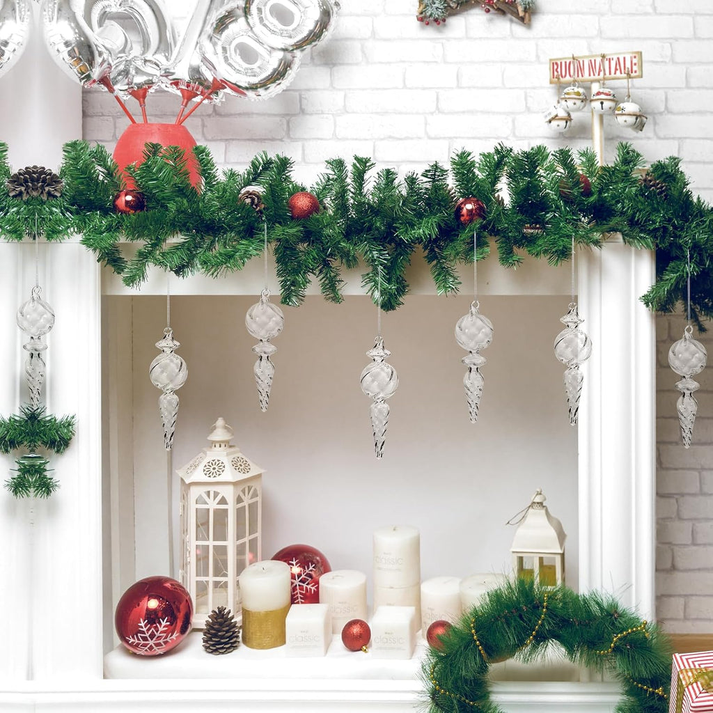 6-Inch Hand-Blown Glass Finial Christmas Tree Hanging Ornaments -Large Elegant Clear Glass Vintage Holiday - Set of 6