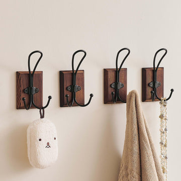 4 Pack Farmhouse Towel Hooks s, Heavy Duty Adhesive Mounted & Wall Mount Rustic Farmhouse Decorative Wood Wall Hooks