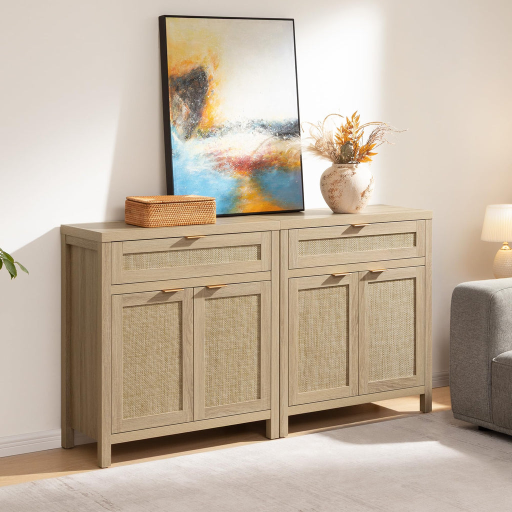 Sideboard Buffet Storage Cabinet Set of 2, Rattan Credenza Buffet