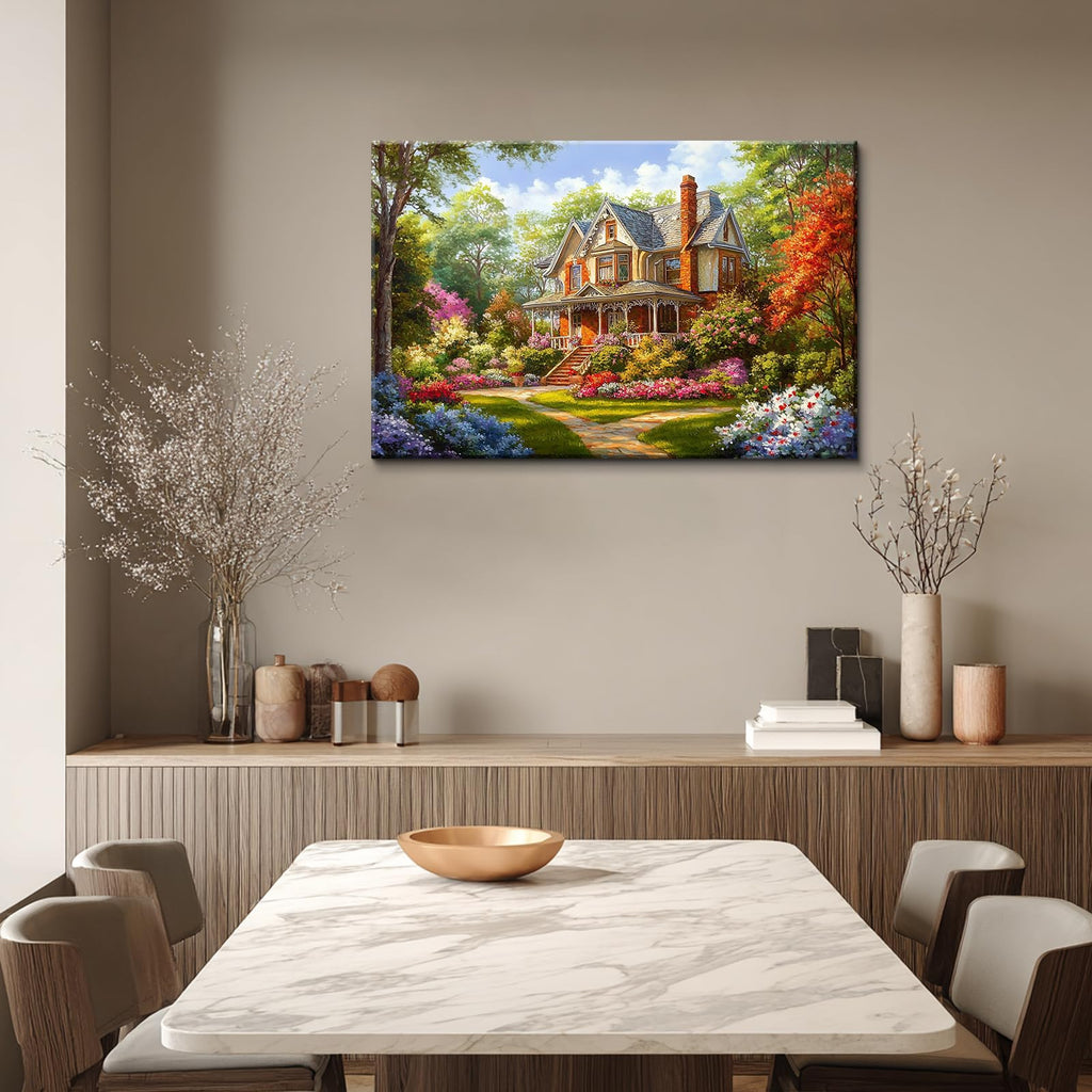 Charming Victorian Style Garden Canvas Wall Art, Rustic Garden Landscape Painting Wall Decor, 40x28 Inch