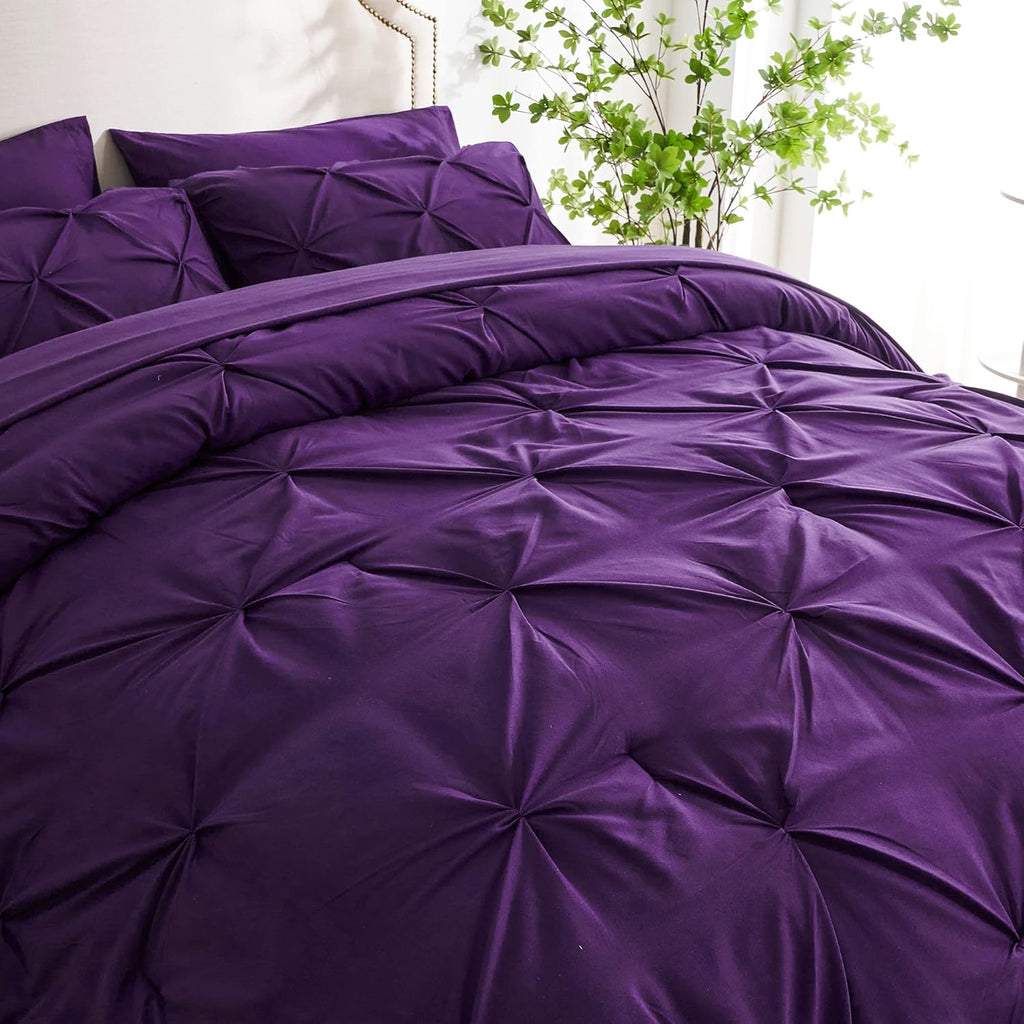 7pc Purple Comforter Set Queen with Sheets, Pintuck 7 Piece Bedding Comforters Bed in a Bag for All Season