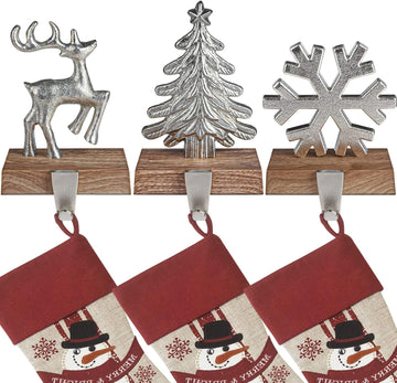 Christmas Stocking Holders for Mantle Set of 3 Tree and Snowflakes and Deer with Non-Skid Silver Stockings Holders