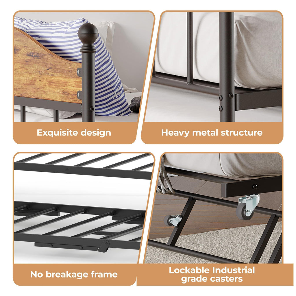 Twin Daybed with Trundle, Twin Bed Frame with with Stylish Headboard, Heavy Duty Steel Slats Platform, Brown