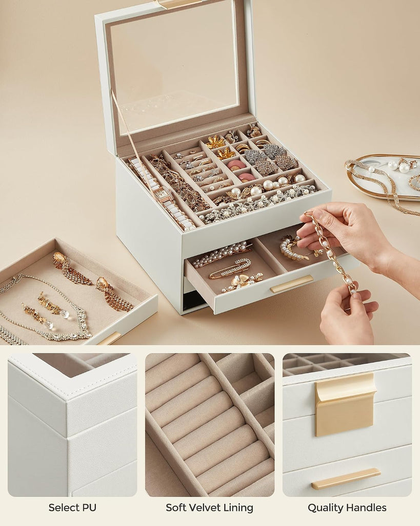 Jewelry Box Organizer, 4-Layer Storage with 3 Drawers, Glass Lid