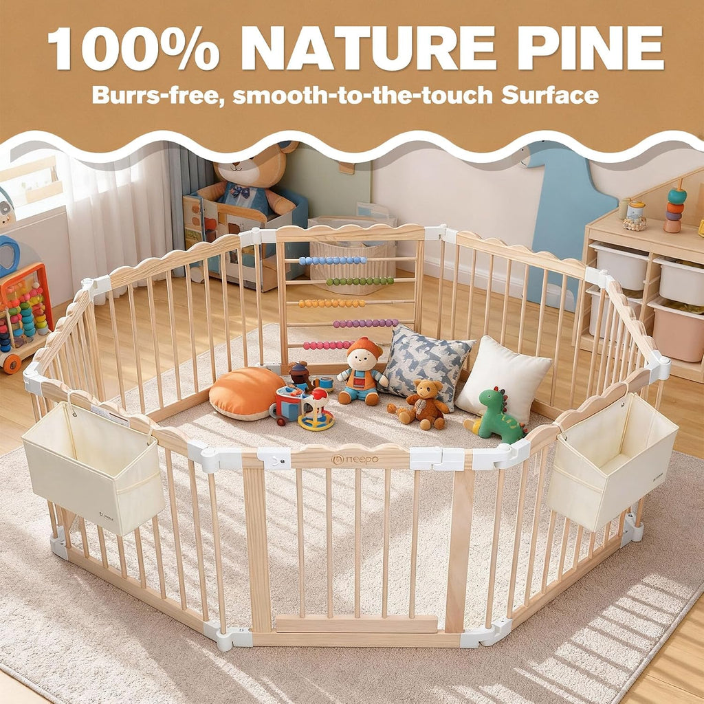 Foldable Wooden Baby Playpen, Adjustable Play Yard, 57x57x25in | Adjustable Shape & Size with 2-Pack Storage Bags