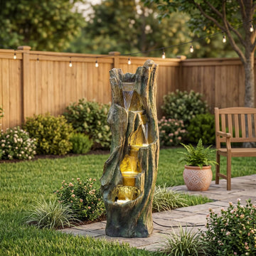 Rustic Tree Stump Fountain with LED Light, Resin Outdoor Garden Decor | Tall resin tree stump fountain with cascading