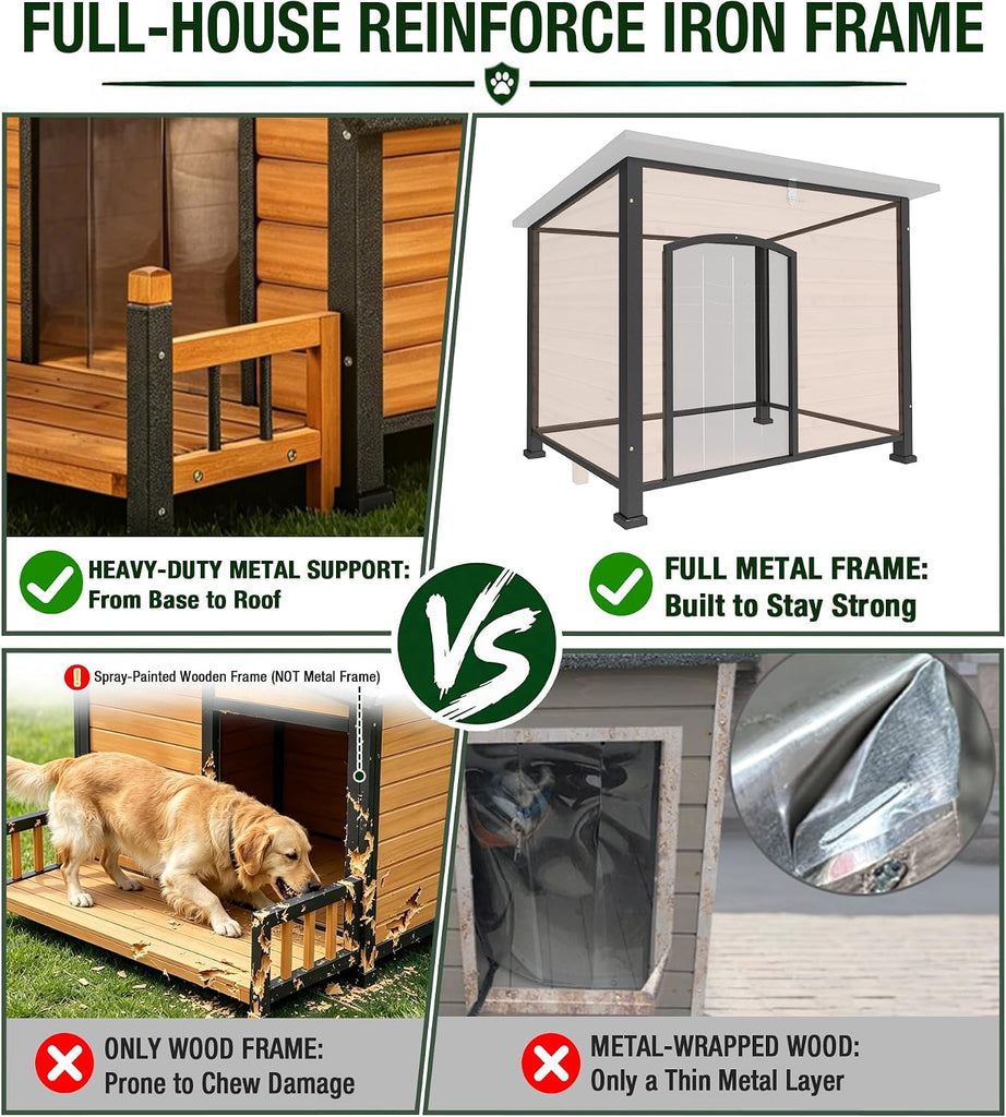 Large Dog House Outdoor with Iron Frame and Hinged Roof