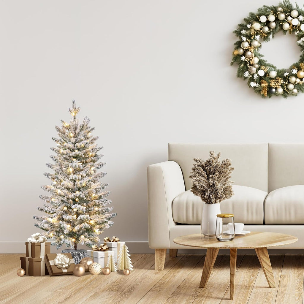 2Pcs Pre-lit Potted Flocked Christmas Tree for Holiday Decoration