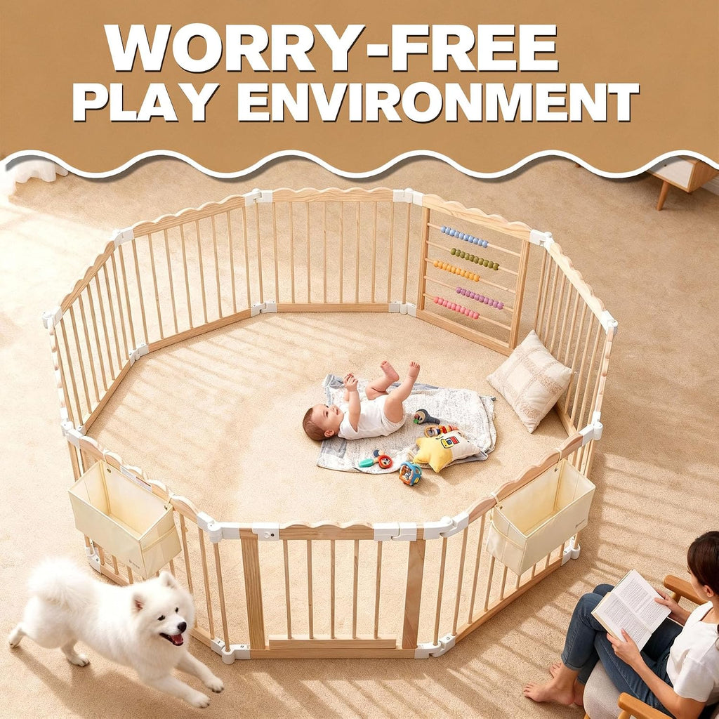 Foldable Wooden Baby Playpen, Adjustable Safety Playpen, 86x57x25in | Adjustable Shape & Size with 2-Pack Storage