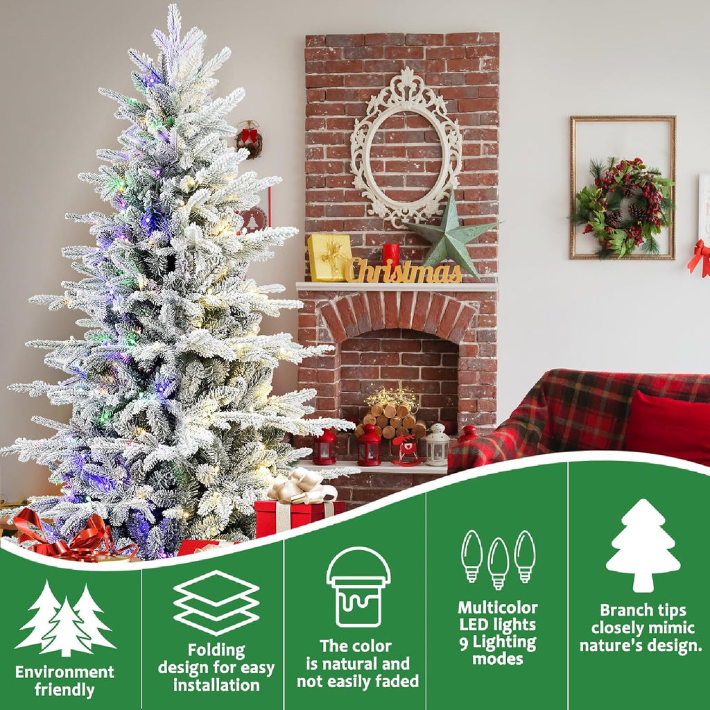Prelit Flocked Christmas Tree with Fluffy Tips & 9 Lighting Modes