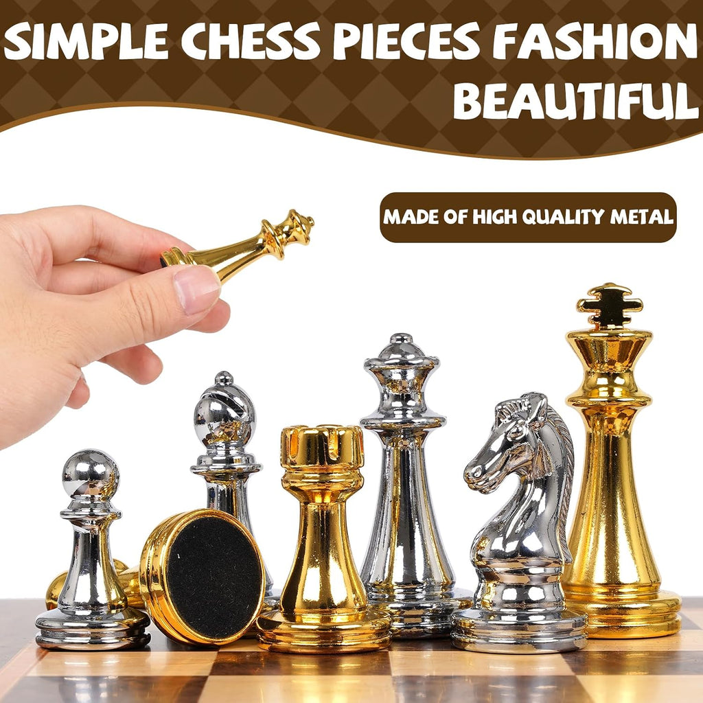 12-Inch Metal Chess Set with Wooden Board for Kids and Adults, Gold & Silver Chess Pieces, Portable Small Chess Board