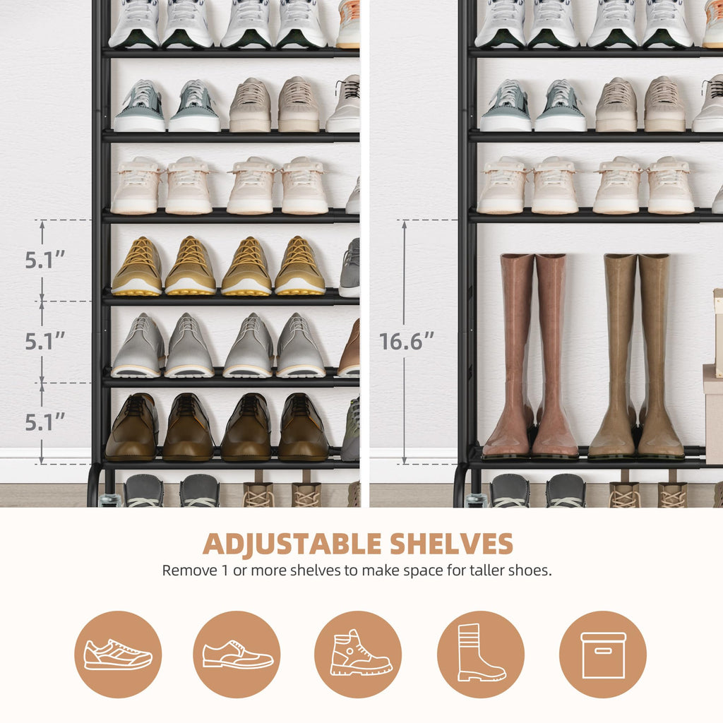 10-Tier Expandable Shoe Rack, 44 Pairs Tall Shoe Rack, Black