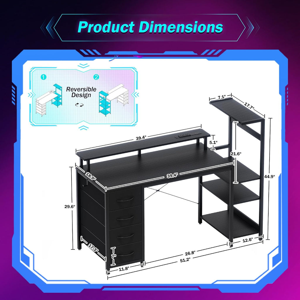 51 Inch Gaming Desk with Drawers & PC Tower Stand & LED Lights, Black | Reversible, Monitor Shelf, Power Outlets