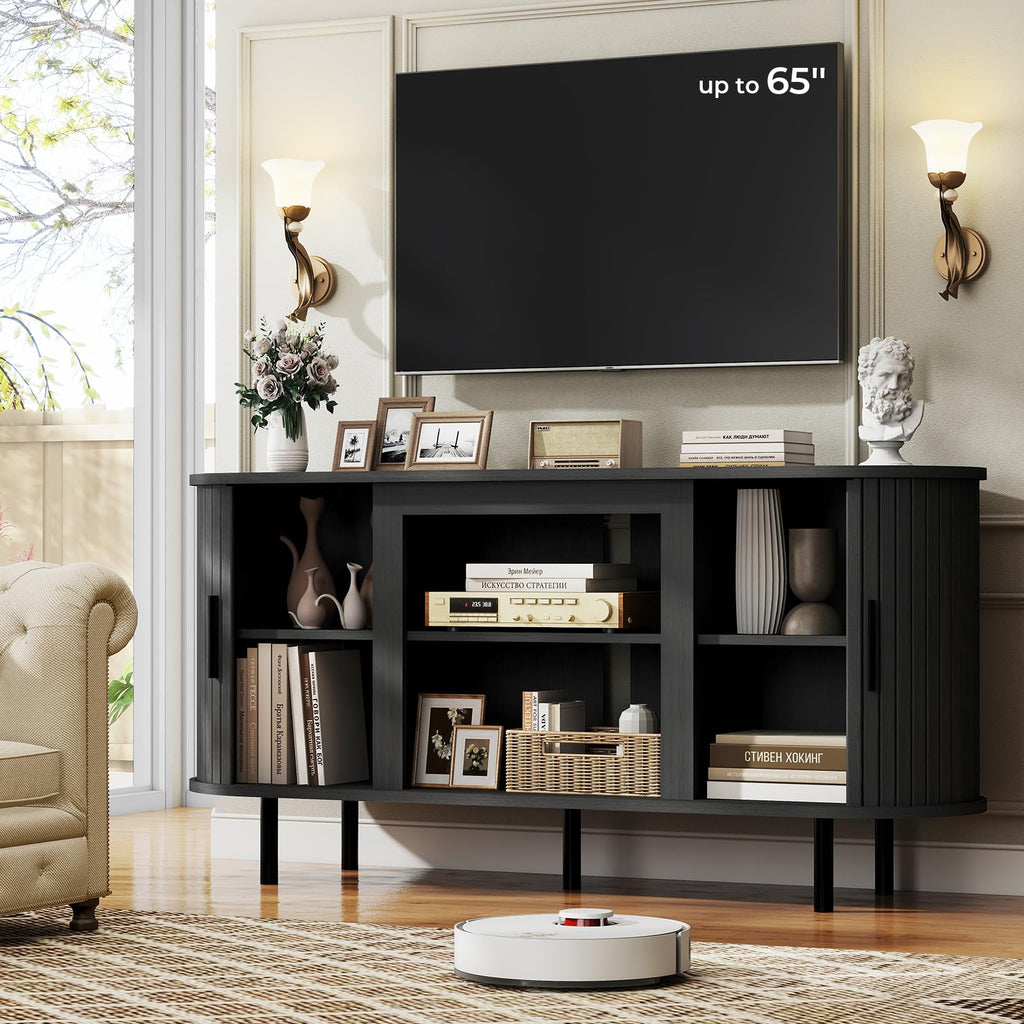 55'' Mid Century Modern Fluted TV Stand-Curved TV Cabinet with Storage, Sliding Doors & Adjustable