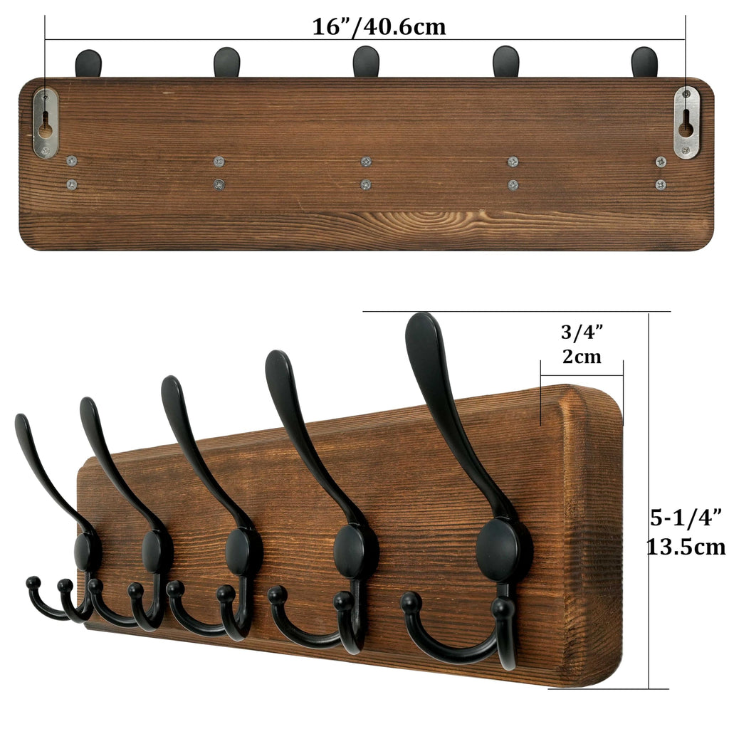 Rustic Coat Rack Wall Mount, Solid Wood Coat Hooks Wall Mounted Coat Hanger, 16" Hole to Hole, Hook Rack Rail, 5 Triple
