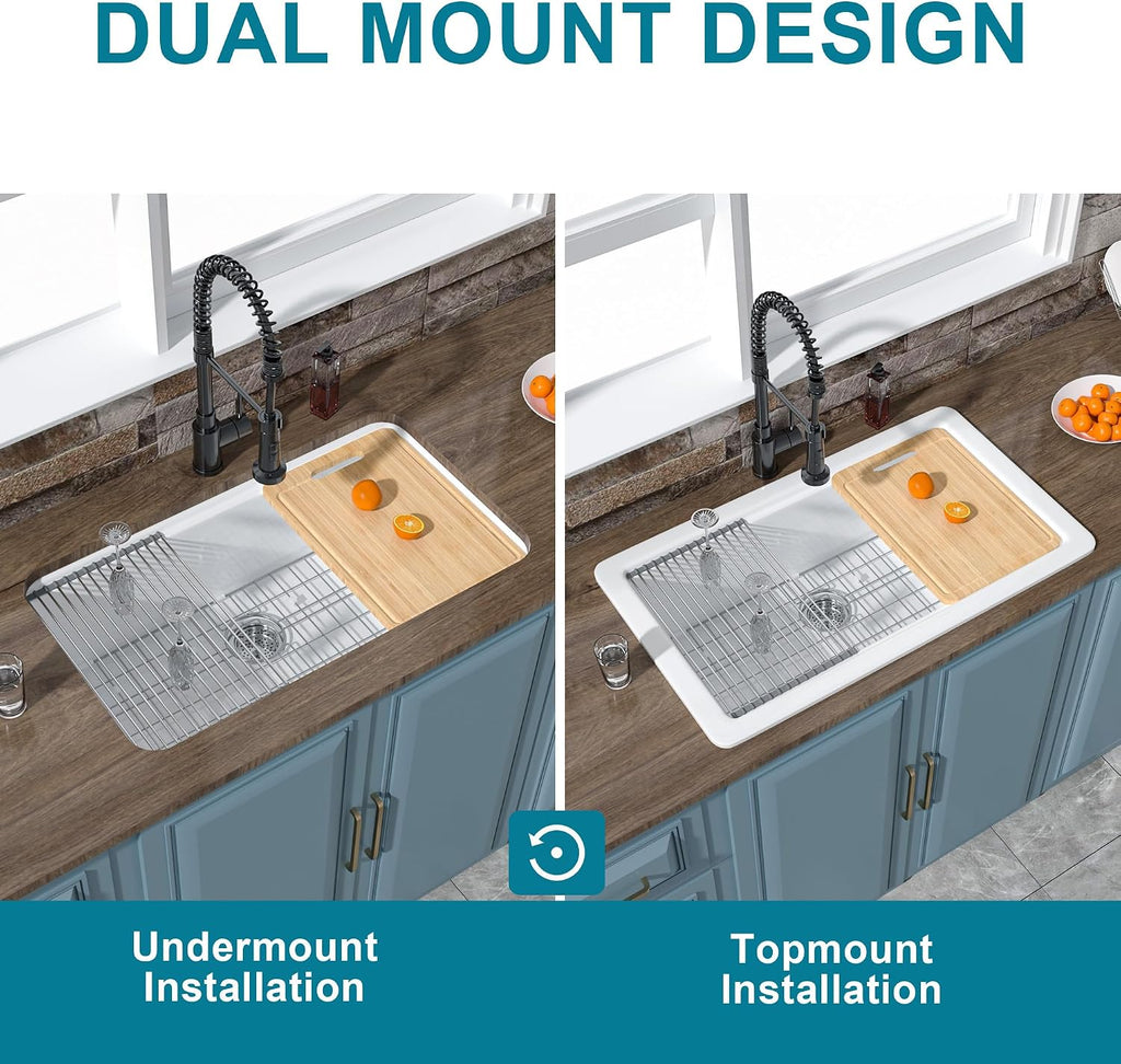 33" x 19" Undermount or Drop In Workstation Kitchen Sink White | Workstation & Island, Fireclay single bowl, Dual
