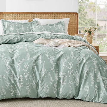 Duvet Cover King, Reversible Floral Green Duvet Cover Set with Zipper Closure, 3 Pieces Botanical Patterns Soft