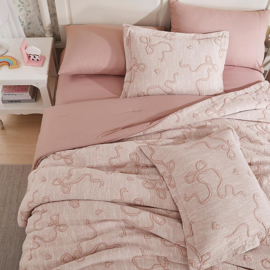 Pink Twin Comforter Set for Girls- 5 Pieces Bowknot Jacquard Bed in A Bag Twin Bedding Sets with Sheets, Pillowcases