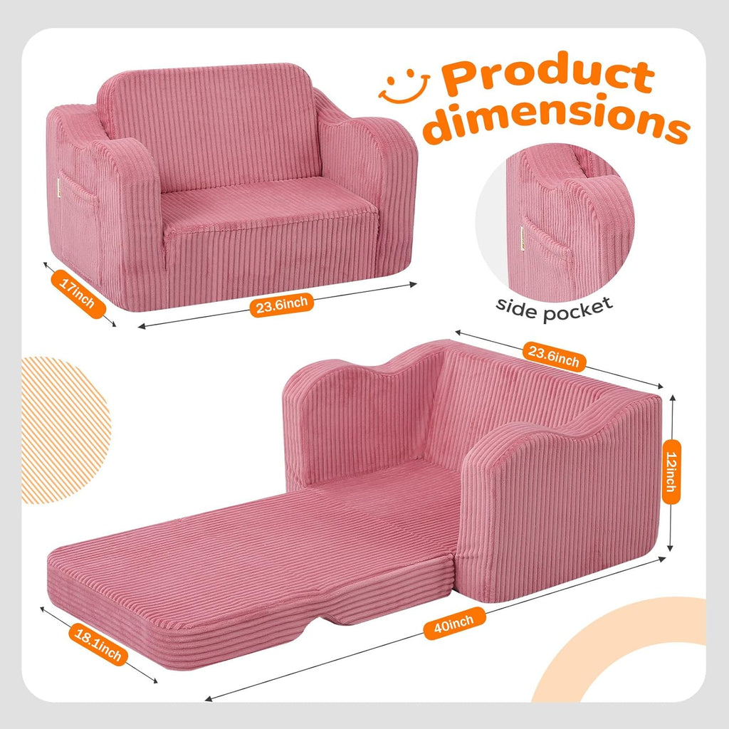 Kids Couch, Pink Corduroy in-1 Fold Out Sofa Chair for Girls