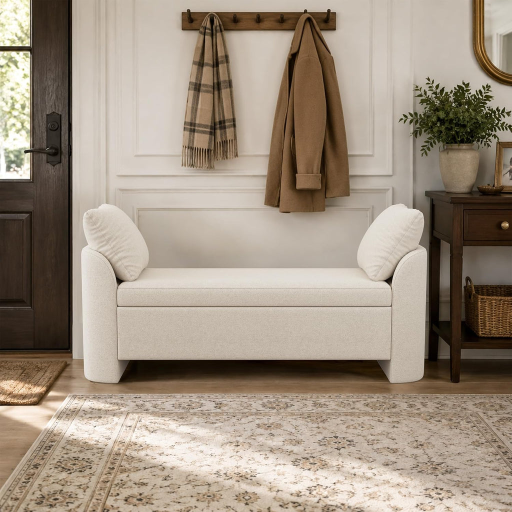 58.3" Upholstered Storage Ottoman Bench with 2 Throw Pillows, Beige | End of Bed Bench with Curved Arms and Thickened