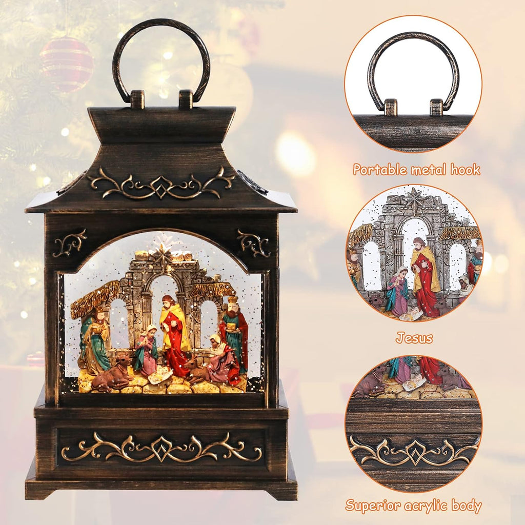 Christmas Nativity Snow Globe Lantern Musical Swirling Glitter Light