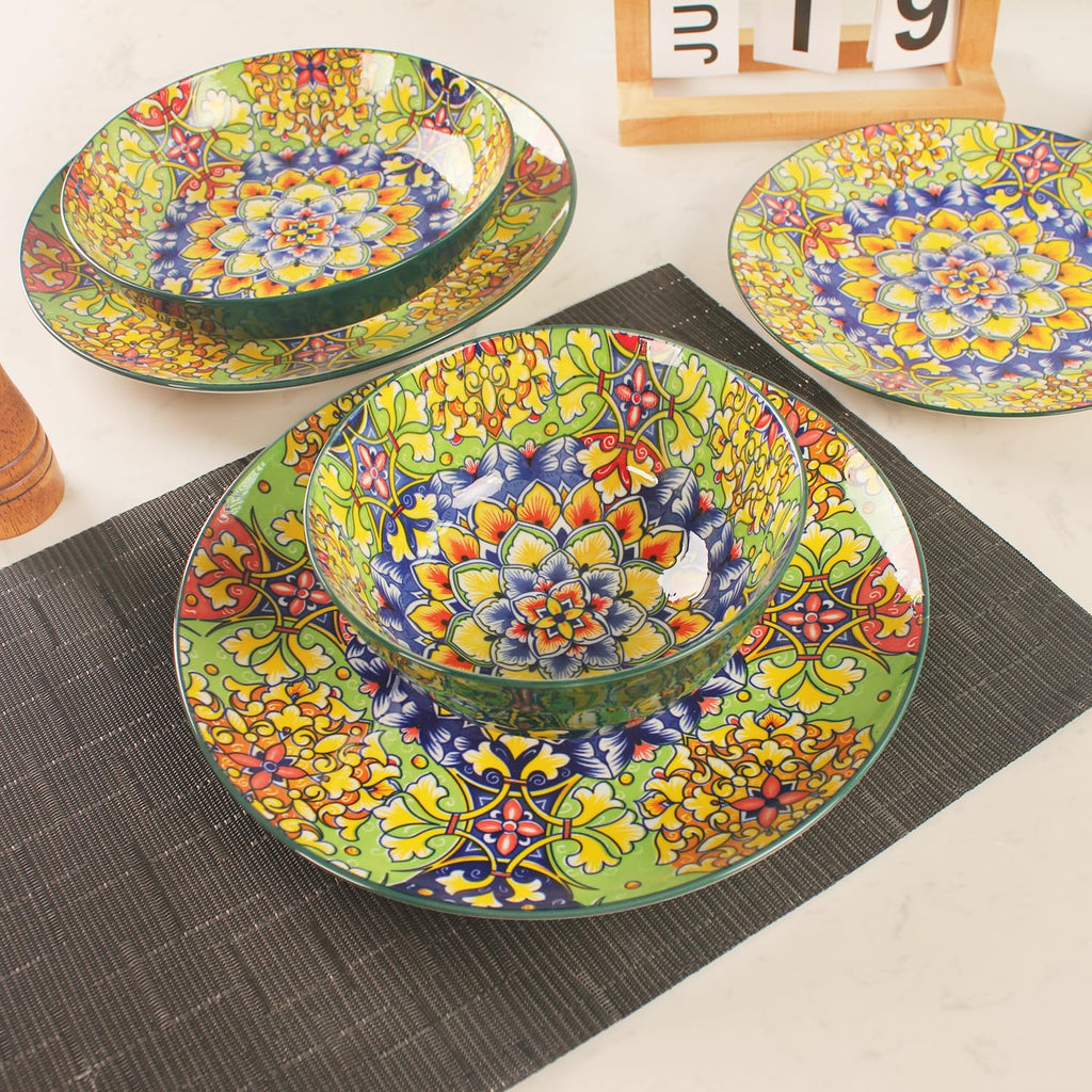 Mandala Dinnerware Sets, Plates and Bowls Set, Porcelain Dishes Service for 4, Zanzibar, Bohemian Style Dining Ware