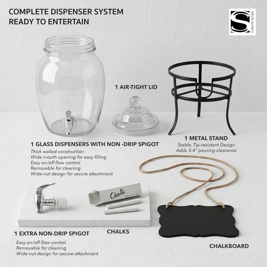 Beverage Dispenser Cold Drink Dispenser w/ 2-Gallon Capacity Glass Jug, Metal Stand & Leak-Proof Acrylic Spigot
