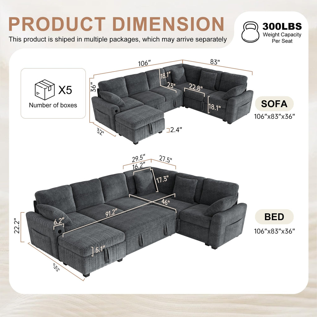 106" Sectional Sofa with Pull Out Couch Bed, 6 Seater Corduroy Sleeper Sofa with Storage Ottoman & USB Charging, Comfy