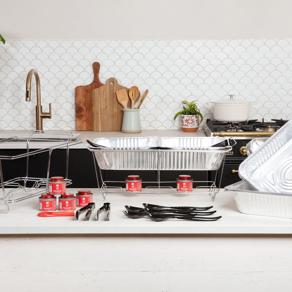 Large Full Size 33-Pcs Disposable Chaffing Buffet with-Covers, Utensils, Fuel Cans - Premium Chafing Dish Set for