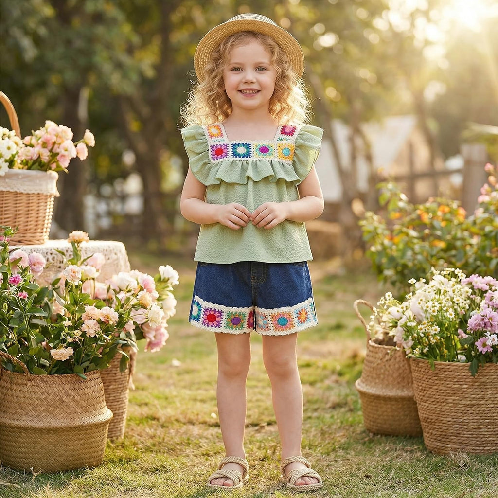 Toddler Girls Ruffle Crochet Tops Denim Shorts Set
