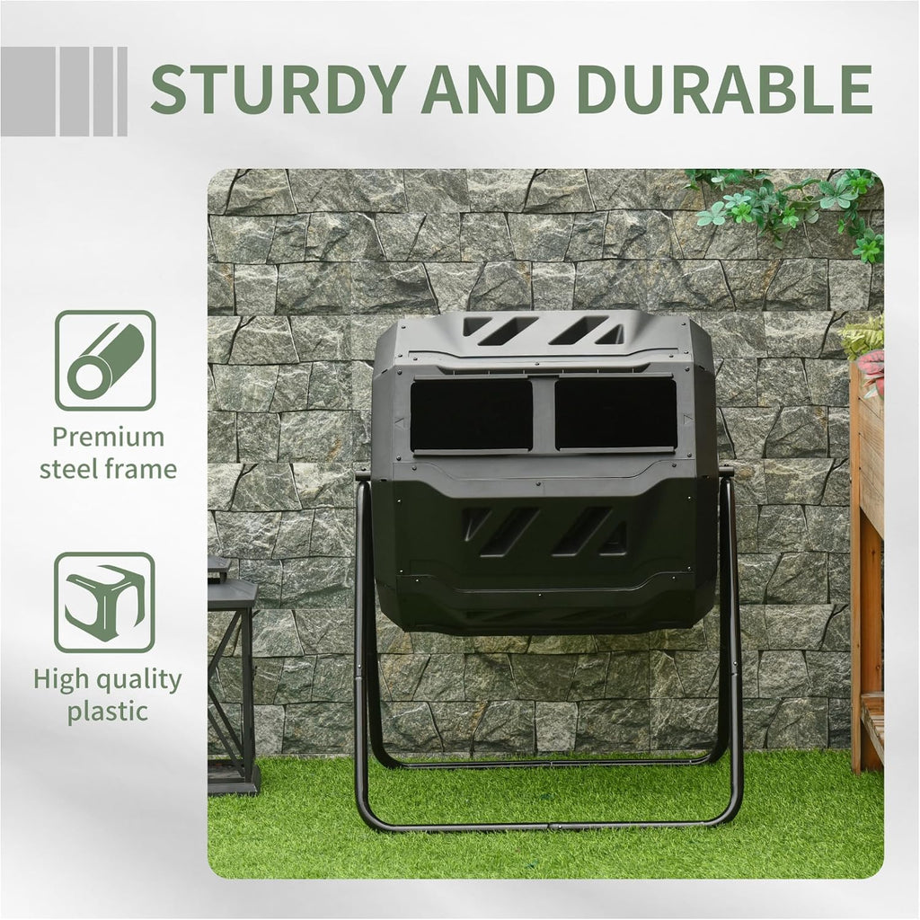 Compost Bin Outdoor Tumbler 43 Gallon, Rotating Composter Dual Chamber - Black