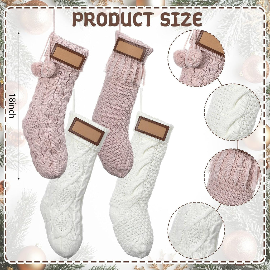 Personalized Knitted Christmas Stockings with Leather Name 18 inch Bulk Family Large Size Knit Xmas Hanging - Set of 4