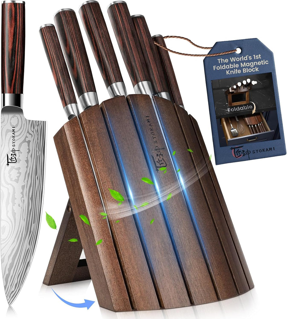 2026 Upgrade Knife Set 7 Piece Japanese Style Kitchen Knife Set With Foldable Magnetic Acacia Wood Block Sharp High