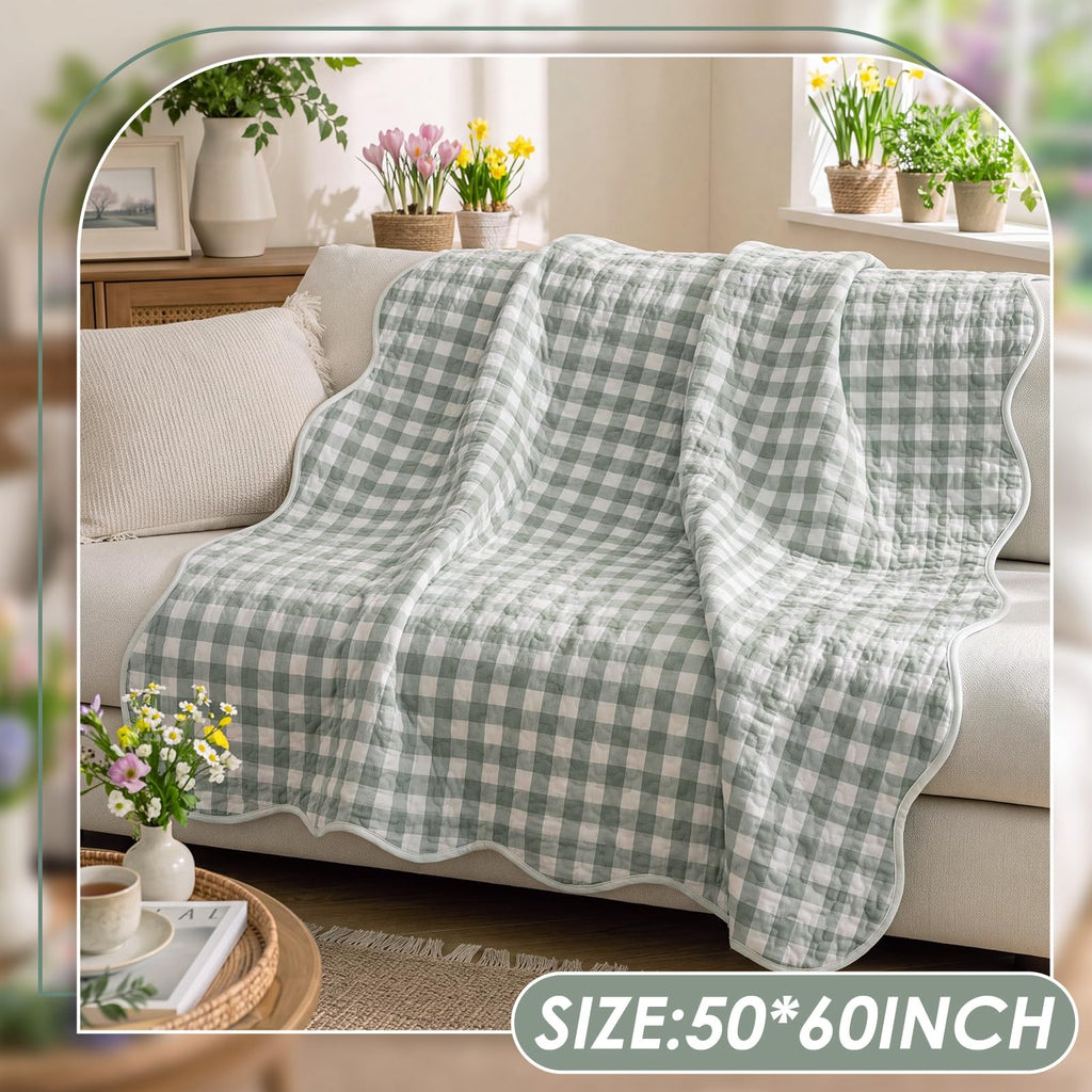 Gingham Quilted Throw Blanket Sage Green Scalloped Blanket