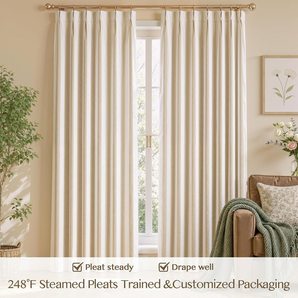 Beige Stripe Pinch Pleated Curtains 84 inches, Linen Blend Light Filtering Gingham Drapes with Memory Pleats for