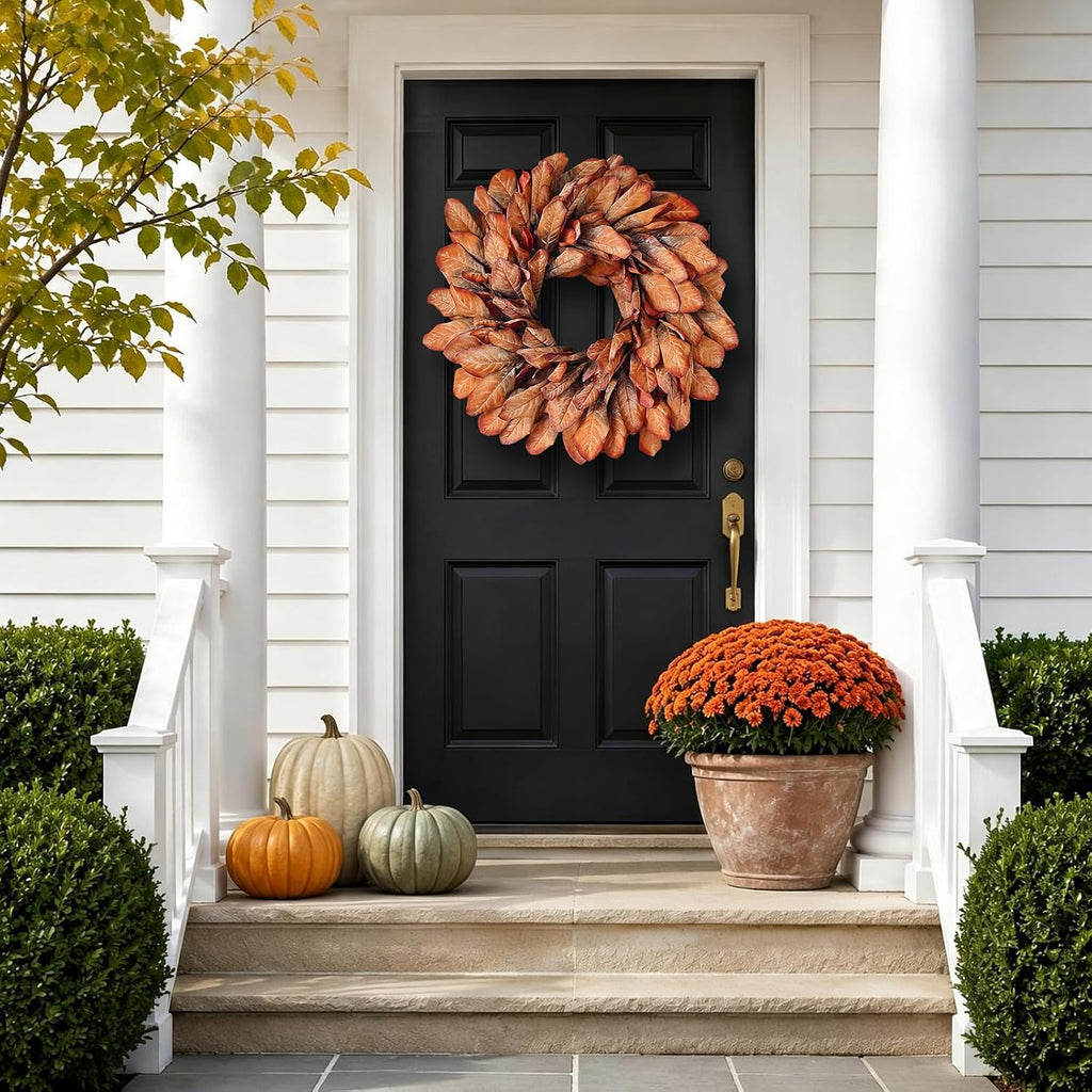 26" Artificial Fall Magnolia Leaf Wreath for Front Door Decoration (Orange)