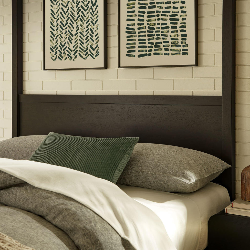 Alva 4-Post Wood Platform Canopy Bed in Smoked Oak - with Headboard and Solid Rubberwood Frame