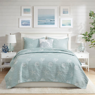 Seaside Reversible Cotton Quilt Set Coastal Clam, Starfish, Coral Embroidery, All Season, Pre-Washed Coverlet Bedding