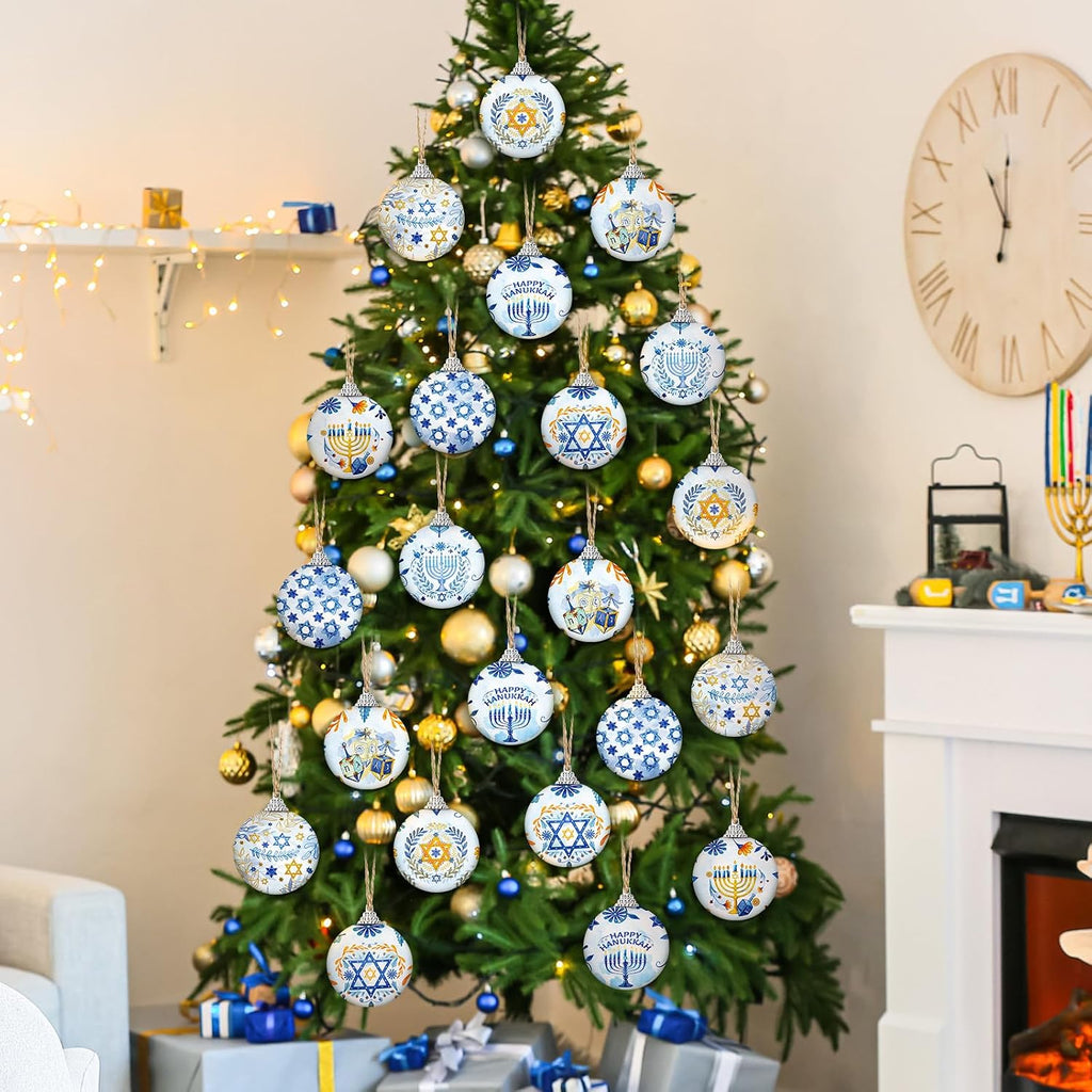 Hanukkah Ball Ornaments Hanukkah Hanging Ornament for Tree Blue and White Jewish Christmas Decorations - Set of 16