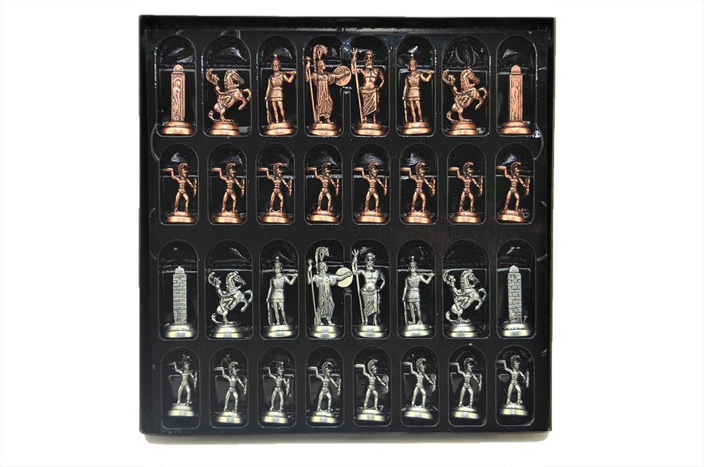 Metal Chess Set for Adults Greek Zeus Antique Copper Figures,Handmade Pieces and Marble Design Wooden Chess Board