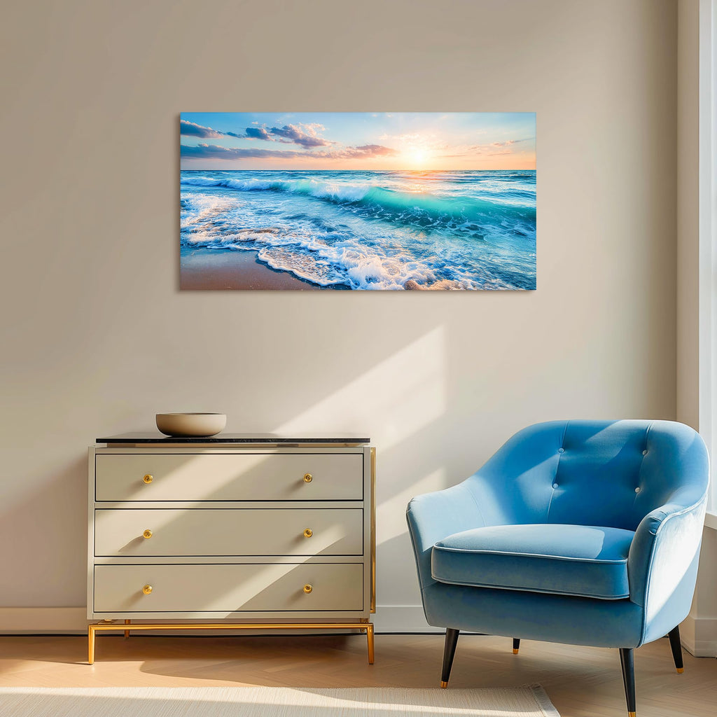 Blue Ocean Large Canvas Wall Art Prints, Coastal Sunset Landscape Prints Paintings, Nature Waves Beach Wall Decor