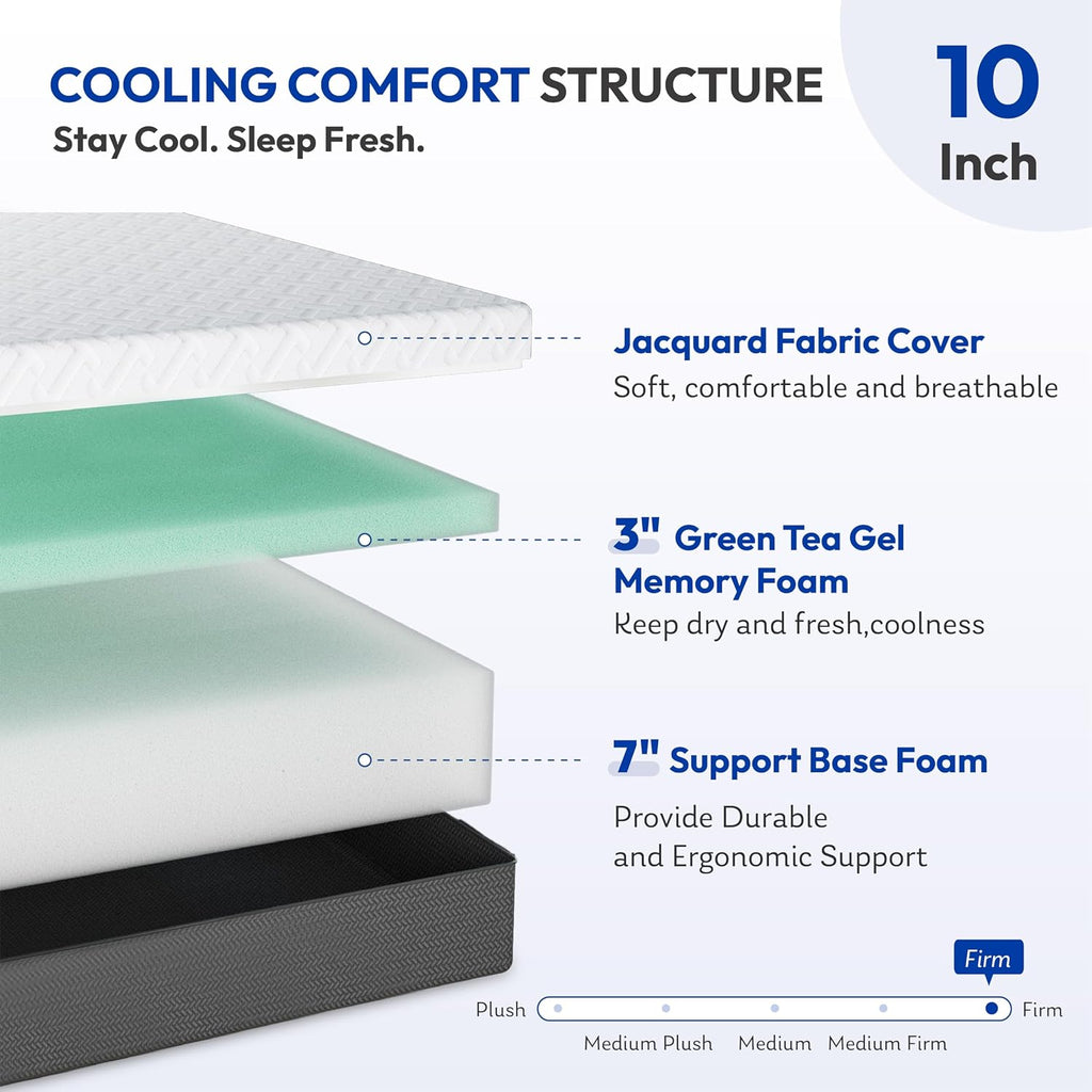Firm Queen Mattress 10 Inch,Cooling Green Tea Gel Memory Foam | Cool Night Sleep,Back Pain Relief,Enhanced
