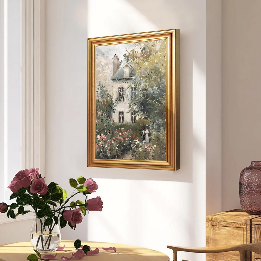 Impressionist Framed Canvas Wall Art House in Garden 12x16 inches