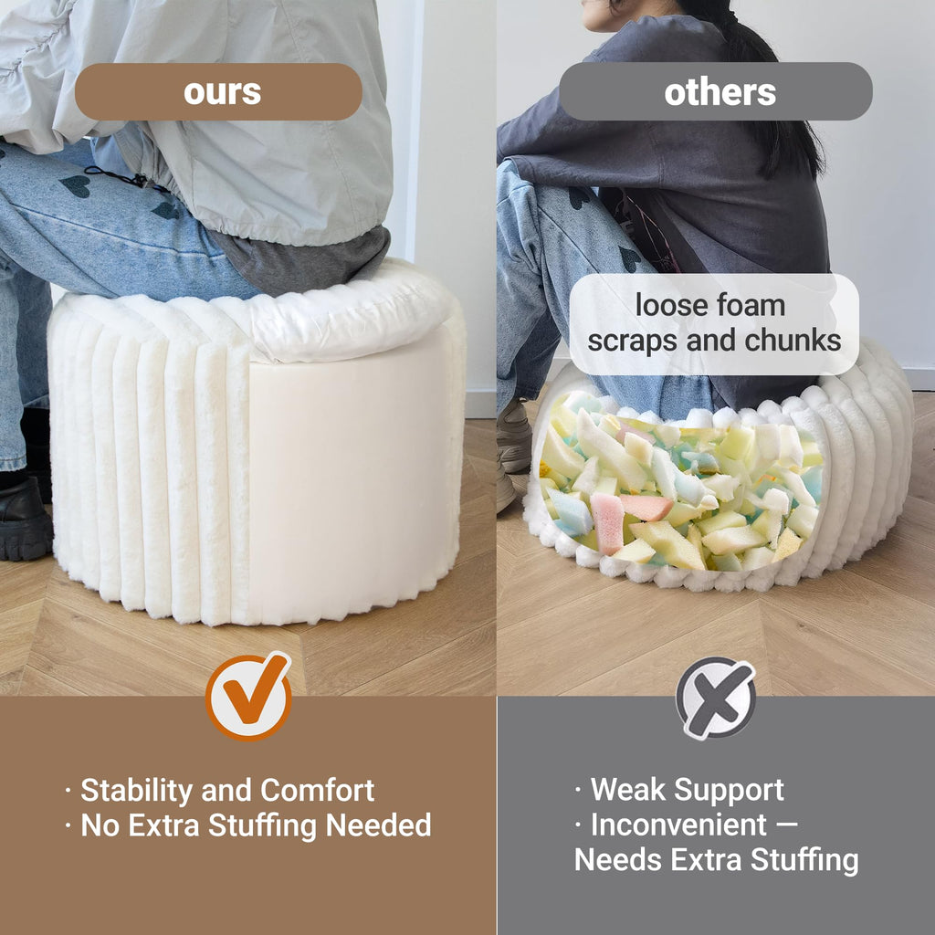 Round Stuffed Pouf Ottoman, Stripe Faux Fur Footrest, Solid Block Support+Soft Cushion Comfort, Removable Washable