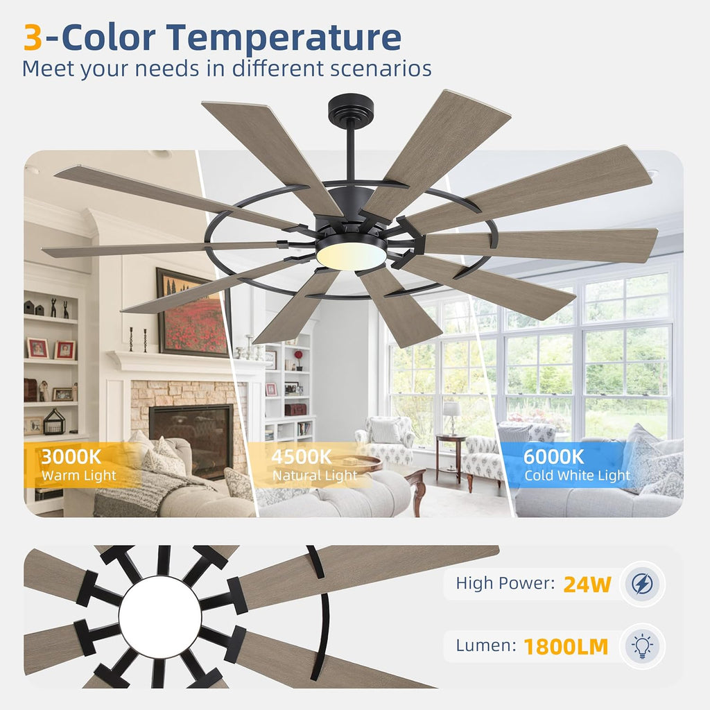 72" Windmill Ceiling Fan with Lights, 3 Downrod, 6-Speed Reversible DC Motor, 3CCT, 10 Blade Indoor Farmhouse DC